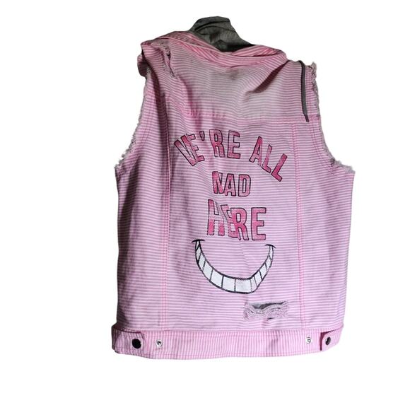 Oh My Disney Women's M “We’re All Mad Here” Pink Striped Distressed Hoodie Y2K M - Picture 7 of 11